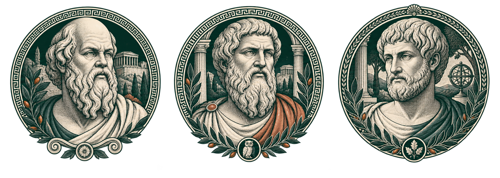Sokrates, Platon ve Aristoteles'i betimleyen akademik çizim
