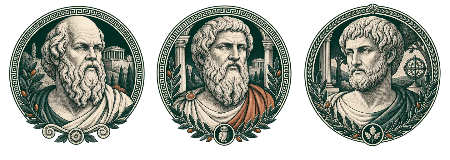 Sokrates, Platon ve Aristoteles'i betimleyen akademik çizim